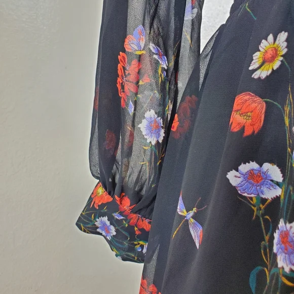 Express Floral Long Sleeve Dress Black Size Petite Small - Picture 4 of 6